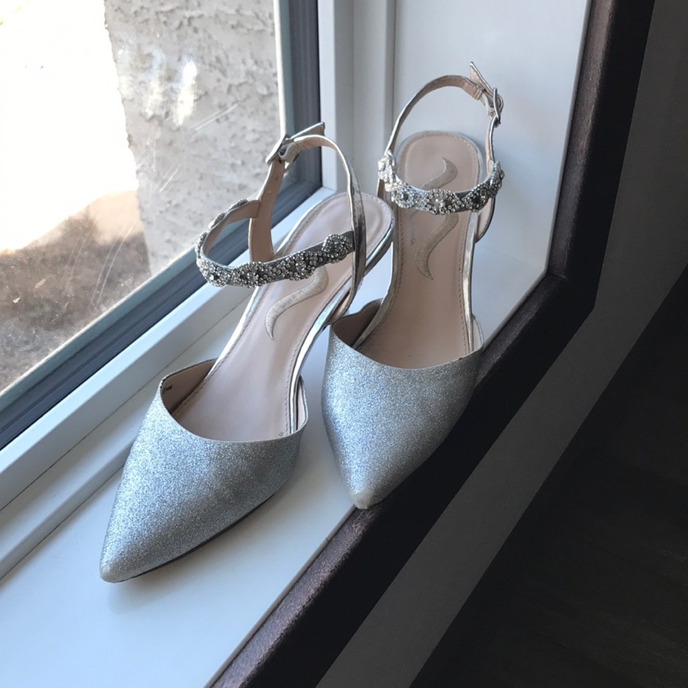Nina Crystal Embellished Pointed Toe Sparkly Metallic Silver Heels